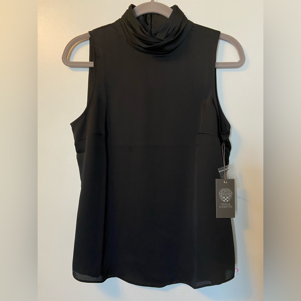 NWT Vince Comuto Sheer Black High Neck Tank with Button closure Size Small